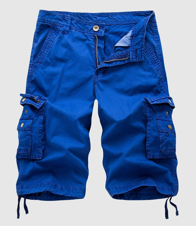 Royal blue cargo shorts with reinforced side pockets and rolled cuffs