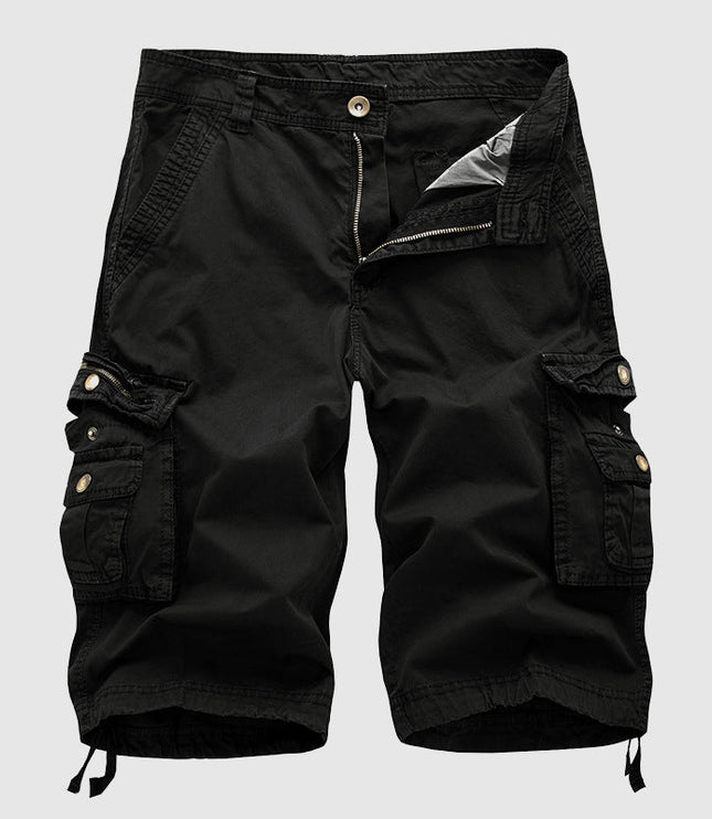 Black cargo shorts detail view of side pockets and drawstring closure