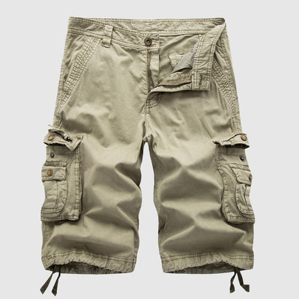 Beige vintage cargo shorts with large side pockets and drawstring hem
