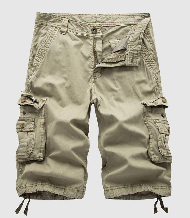 Beige vintage cargo shorts with large side pockets and drawstring hem