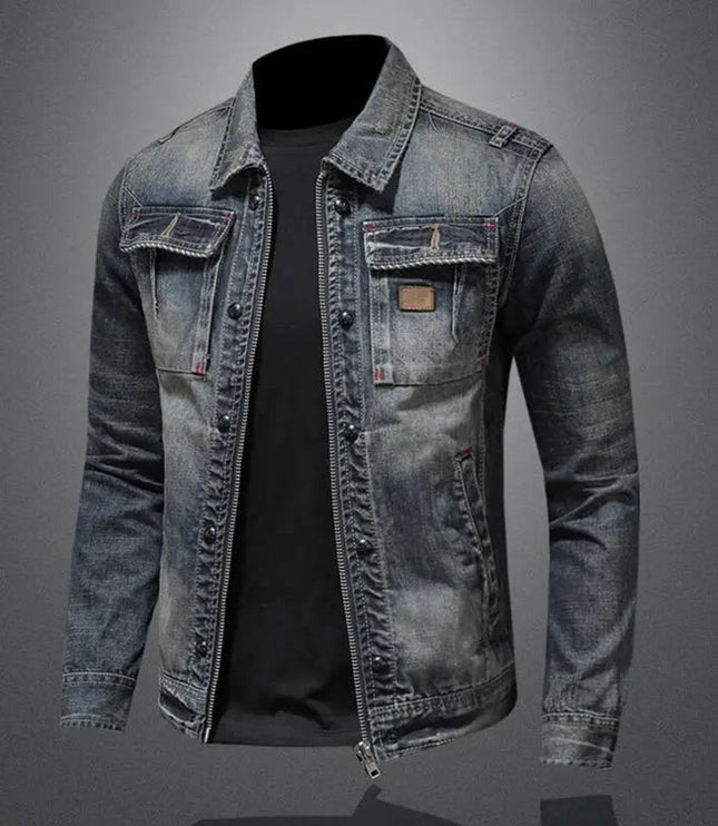 Men's Retro Washed Denim Zip-Up Jacket Casual Outerwear Coat
