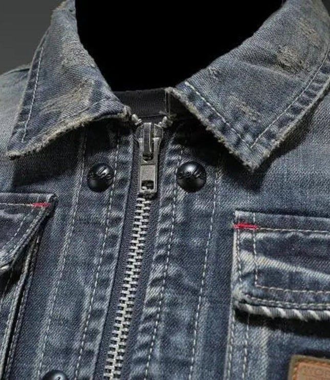 Men's Retro Washed Denim Zip-Up Jacket Casual Outerwear Coat