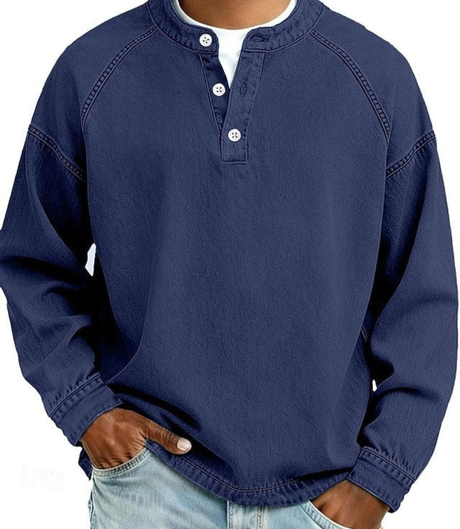 Men's Vintage Washed Henley Pullover Mens Knit Sweater Long Sleeve - Royal Blue