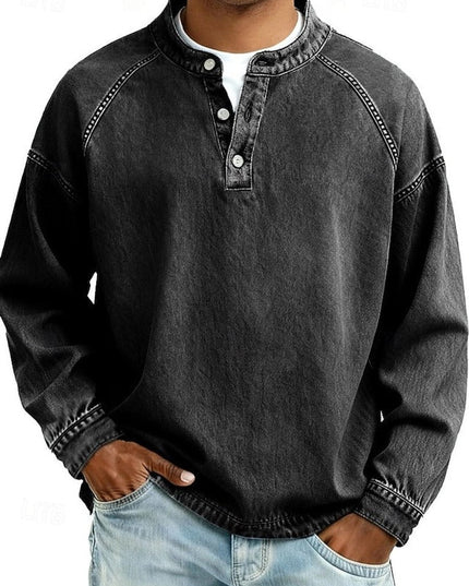 Men's Vintage Washed Henley Pullover Mens Knit Sweater Long Sleeve - Black