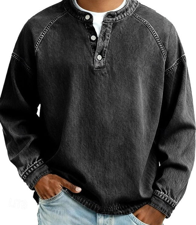 Men's Vintage Washed Henley Pullover Mens Knit Sweater Long Sleeve - Black