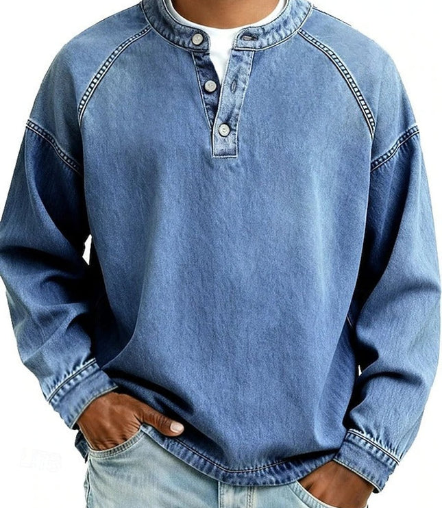 Men's Vintage Washed Henley Pullover Mens Knit Sweater Long Sleeve - Light Blue