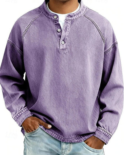 Men's Vintage Washed Henley Pullover Mens Knit Sweater Long Sleeve - Purple