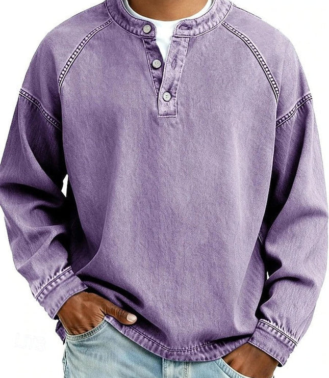 Men's Vintage Washed Henley Pullover Mens Knit Sweater Long Sleeve - Purple