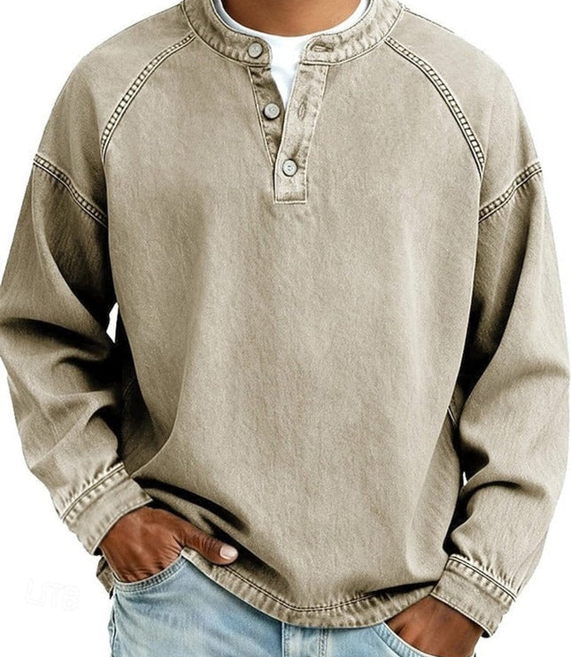 Men's Vintage Washed Henley Pullover Mens Knit Sweater Long Sleeve - Khaki