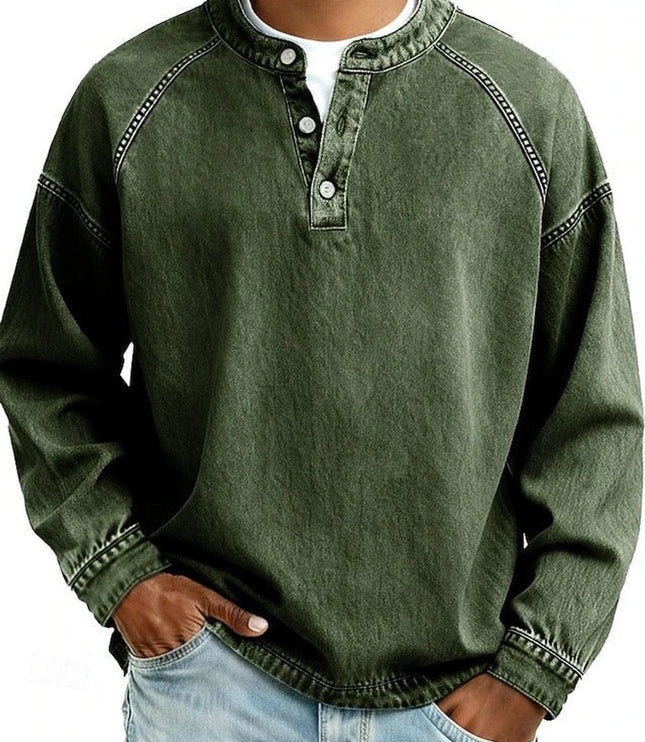 Men's Vintage Washed Henley Pullover Mens Knit Sweater Long Sleeve - Dark Green