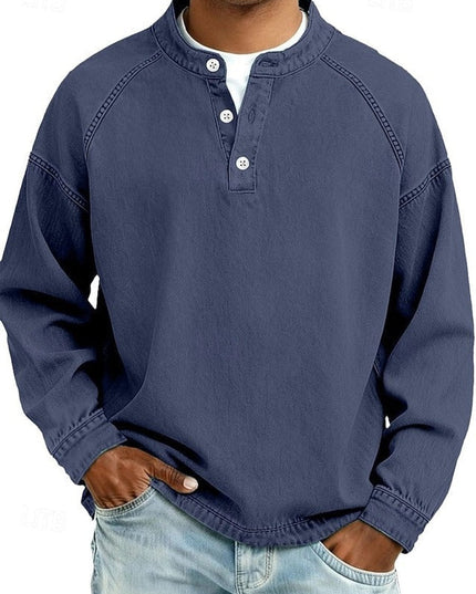 Men's Vintage Washed Henley Pullover Mens Knit Sweater Long Sleeve - Dark Blue