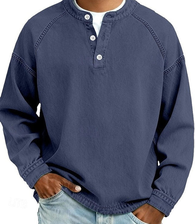 Men's Vintage Washed Henley Pullover Mens Knit Sweater Long Sleeve - Dark Blue
