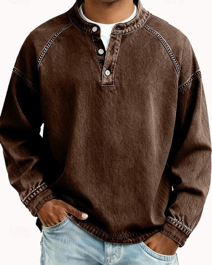 Men's Vintage Washed Henley Pullover Mens Knit Sweater Long Sleeve - Brown