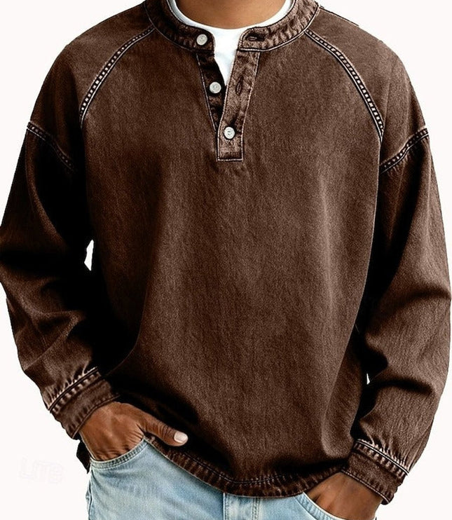 Men's Vintage Washed Henley Pullover Mens Knit Sweater Long Sleeve - Brown