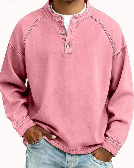 Men's Vintage Washed Henley Pullover Mens Knit Sweater Long Sleeve - Pink