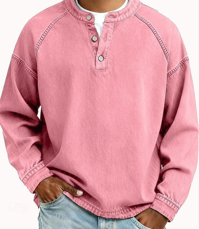 Men's Vintage Washed Henley Pullover Mens Knit Sweater Long Sleeve - Pink
