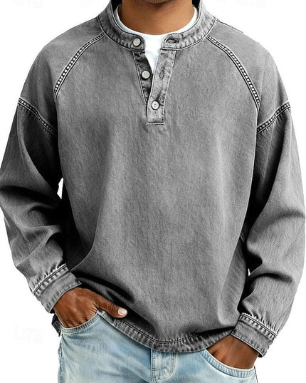 Men's Vintage Washed Henley Pullover Mens Knit Sweater Long Sleeve - Gray