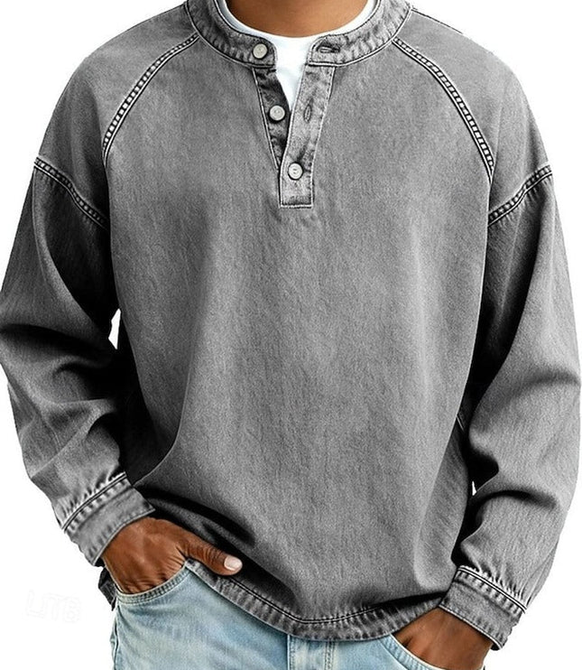 Men's Vintage Washed Henley Pullover Mens Knit Sweater Long Sleeve - Gray