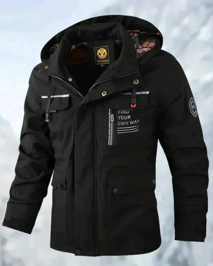Men's Waterproof Hooded Quilted Jacket Windproof Outdoor Parka - Black