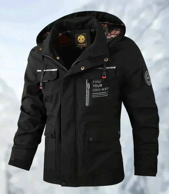 Men's Waterproof Hooded Quilted Jacket Windproof Outdoor Parka - Black