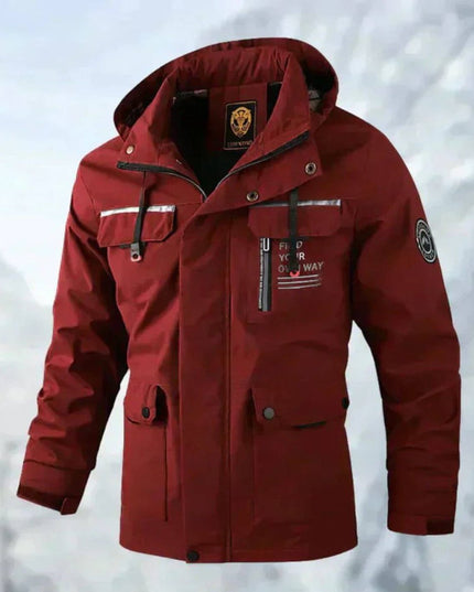 Men's Waterproof Hooded Quilted Jacket Windproof Outdoor Parka - Red