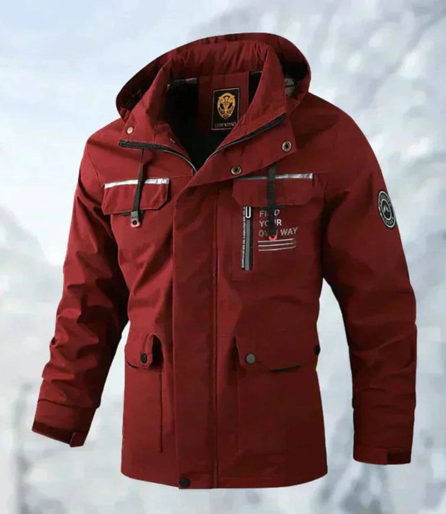 Men's Waterproof Hooded Quilted Jacket Windproof Outdoor Parka - Red