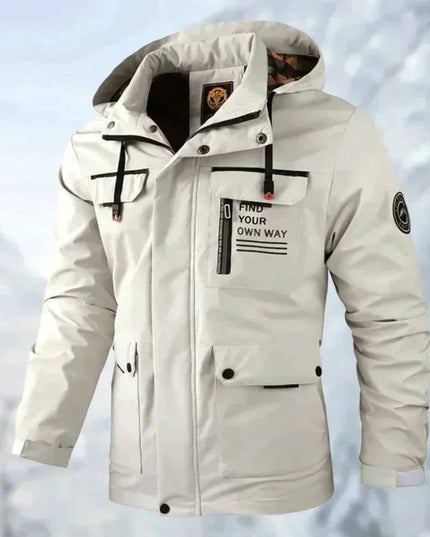Men's Waterproof Hooded Quilted Jacket Windproof Outdoor Parka - White