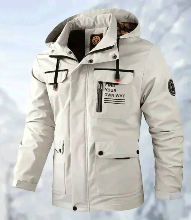 Men's Waterproof Hooded Quilted Jacket Windproof Outdoor Parka - White