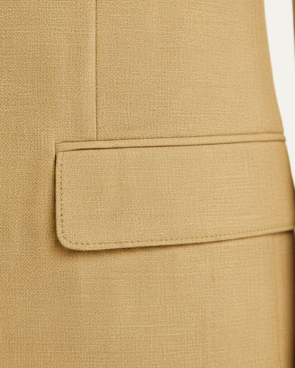 Tan linen blazer pocket detail showing tailored construction