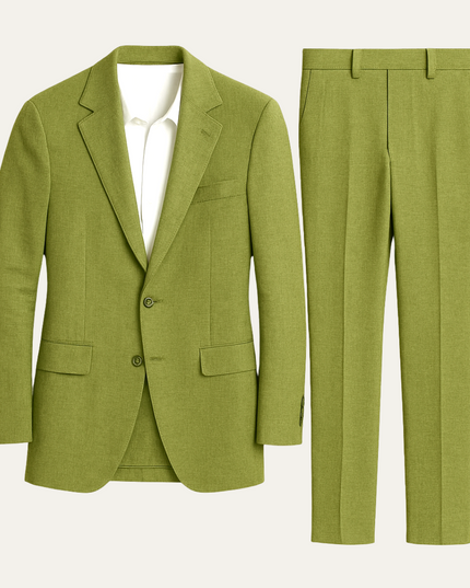 Olive green linen blend two-button blazer with coordinating linen pants