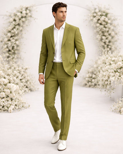 Olive green linen suit styled on model with white shirt
