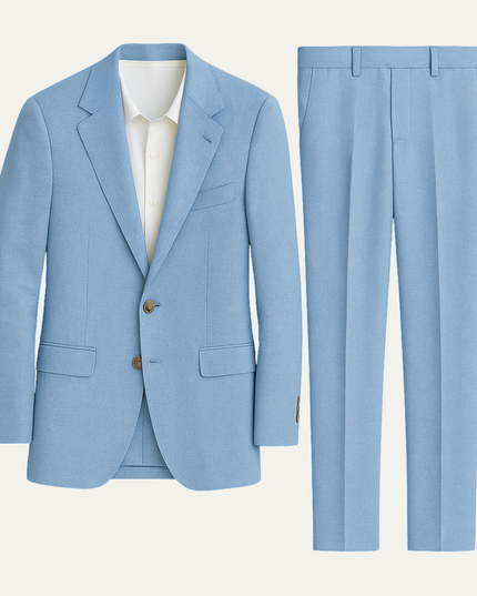 Light blue linen blend two-button blazer and flat-front linen trousers