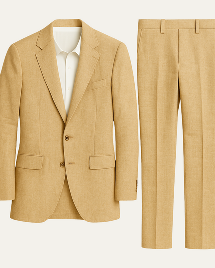 Tan linen blend two-button blazer and matching flat-front linen pants