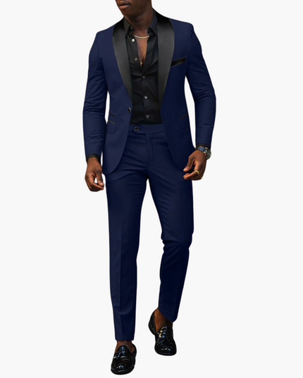 Navy blue formal wedding guest suit with black satin notch lapels