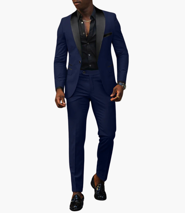Navy blue formal wedding guest suit with black satin notch lapels