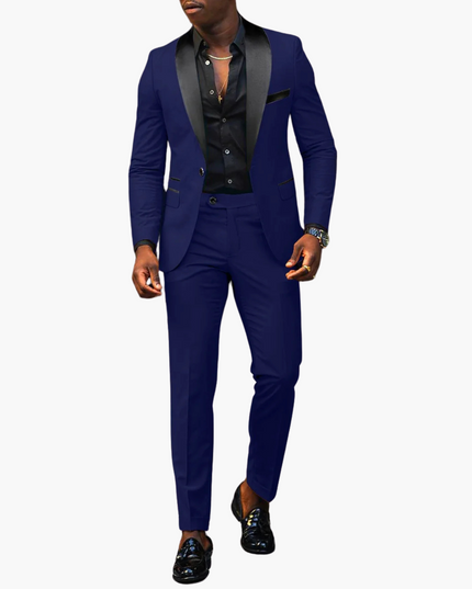 Navy blue formal notch lapel suit with black vest and pocket square