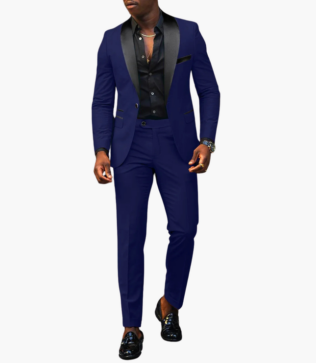 Navy blue formal notch lapel suit with black vest and pocket square