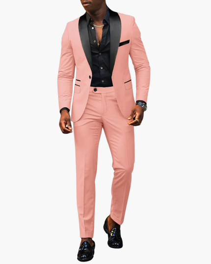 Blush pink formal suit with charcoal notch lapels and black dress shirt