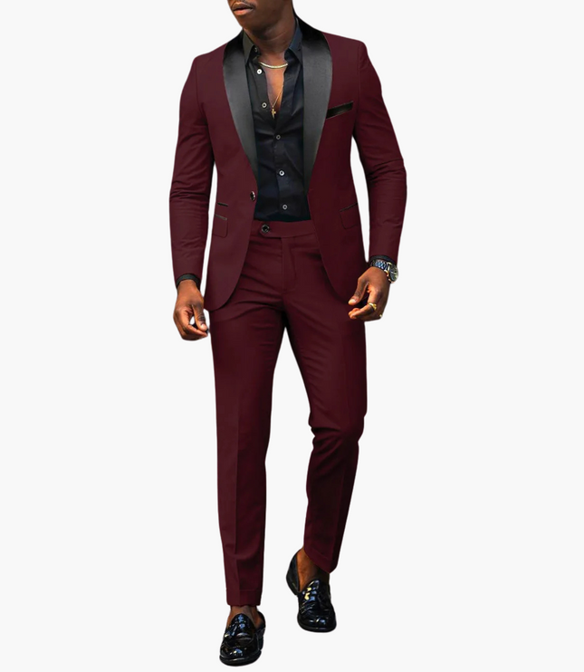 Burgundy wedding guest formal suit with black satin lapel detail