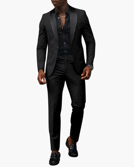 Black formal notch lapel suit with satin lapels for wedding guest