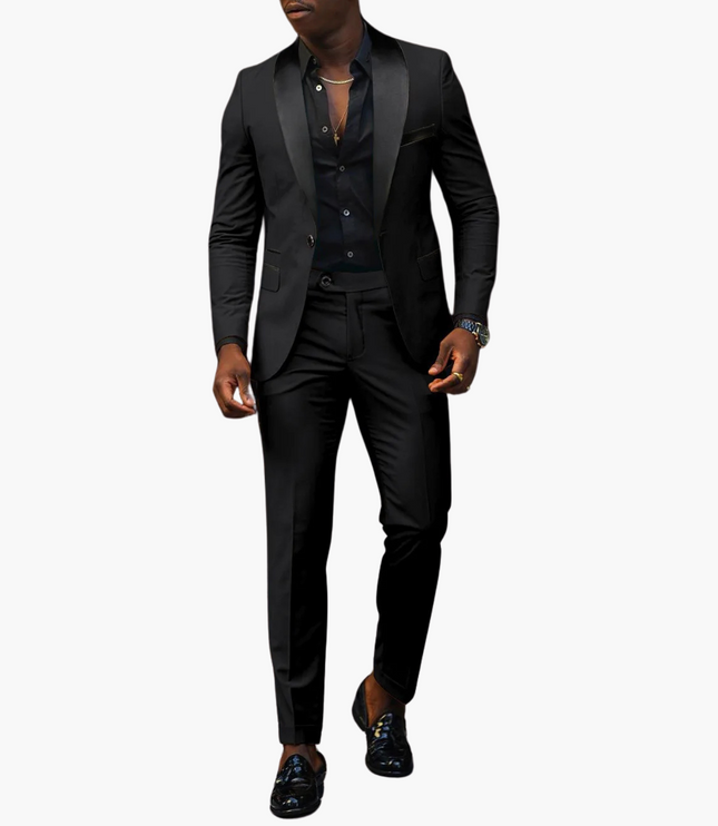 Black formal notch lapel suit with satin lapels for wedding guest