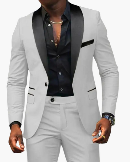 White formal suit with gray satin notch lapels and black shirt