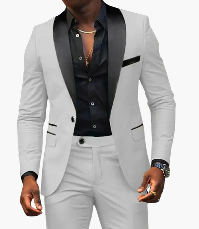 White formal suit with gray satin notch lapels and black shirt
