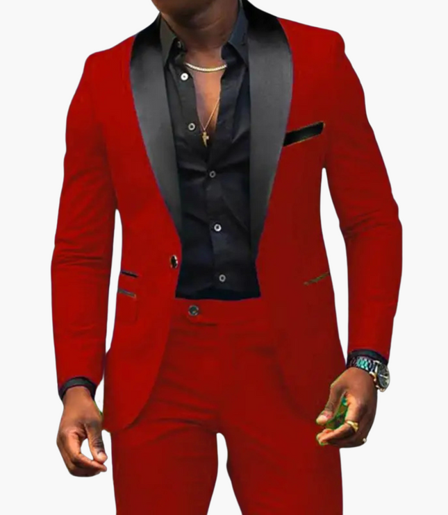 Red formal notch lapel suit with gray satin lapels for men