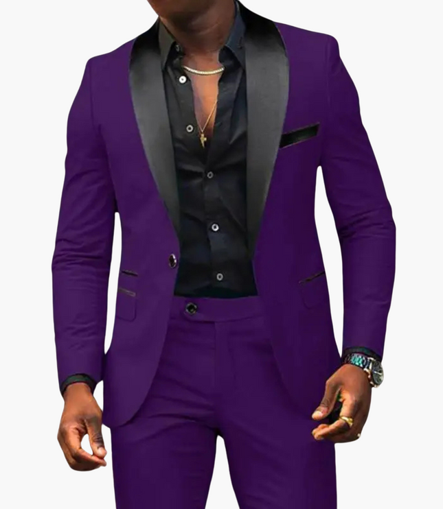 Purple formal suit with charcoal notch lapels and black dress shirt
