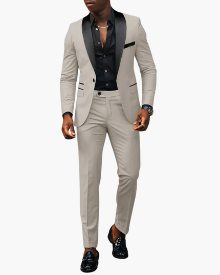 Cream formal notch lapel suit with black satin lapel trim