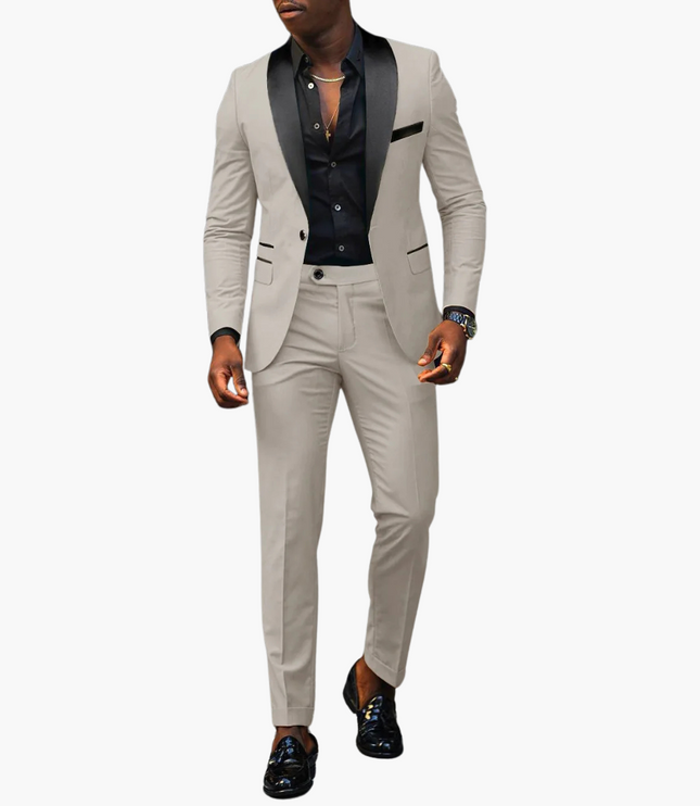 Cream formal notch lapel suit with black satin lapel trim