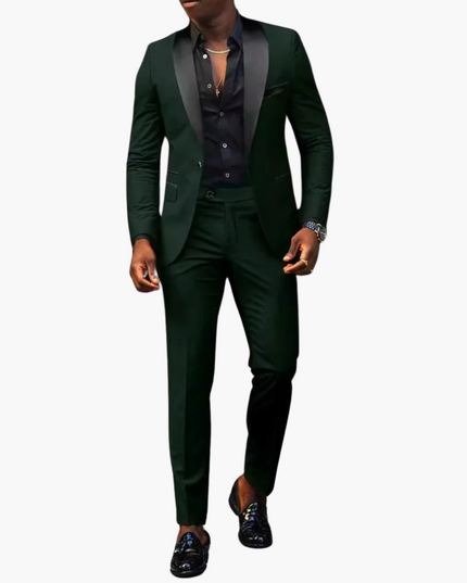 Men's formal notch lapel suit in forest green with black satin lapels