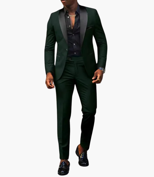 Men's formal notch lapel suit in forest green with black satin lapels