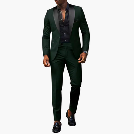 Men's formal notch lapel suit in forest green with black satin lapels